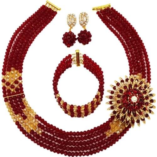 Fashion Wine Gold AB Crystal Beaded Multi Strands Necklace Nigerian Wedding African Beads Jewelry Set for Women 5C-YHK19