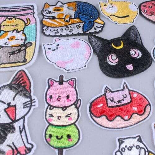 Pulaqi Cartoon Patch Hippie Cat Iron On Patches On Clothes Embroidered Patches For Clothing T-shirts DIY Applique Stripes Badges
