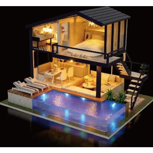 DIY Wooden Dollhouse Kit Miniature with Furniture Accessories Swimming Pool Villa Doll House Casa Assembled Toys for Adults Gift