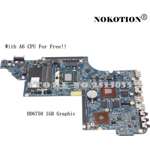 Nokotion 650854-001 665284-001 665281-001 650851-001 For HP Pavilion DV6 DV6-6000 Laptop Motherboard HD6750 1GB With A6 CPU