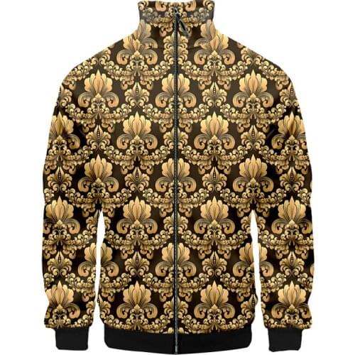 New Stand-up Collar Jacket Golden Pattern 3d-printed Baroque Luxury Fall Casual Zipper Coats For Men/women EU Size Plus 6XL IFPD