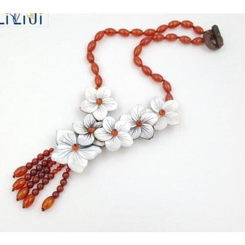 NEW Natural Carnelian Red Agates, Shell Flowers with Jades Toggle Clasp Necklace