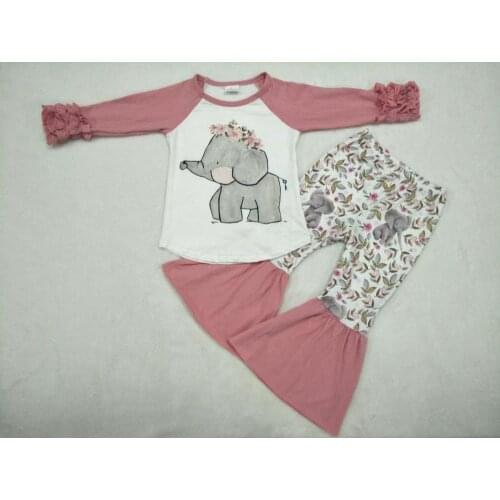Wholesale/retail elephant outfits baby girls cute cartoon tops+pink flare pants 2 pcs set kid hipster childrens clothing suit