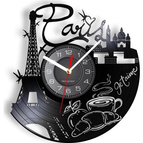 Paris Eiffel Tower Vinyl Longplay Record Wall Clock Famous Buildings In France Romance Home Decor Vintage Watch Architecture Art