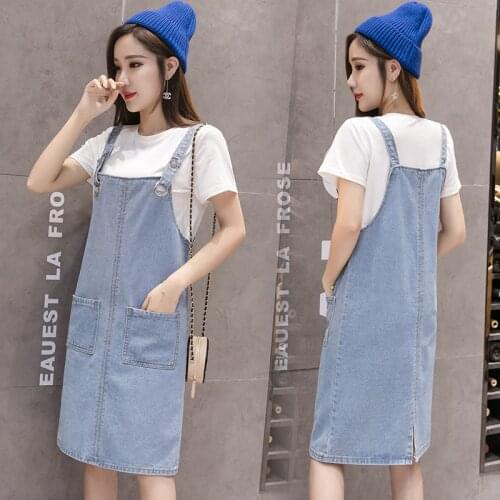Plus Size 5xl Denim Dress Woman 2020 Summer New Korean Style Spaghetti Strap Pocket Midi Dress Girl Overall Jeans Sundress