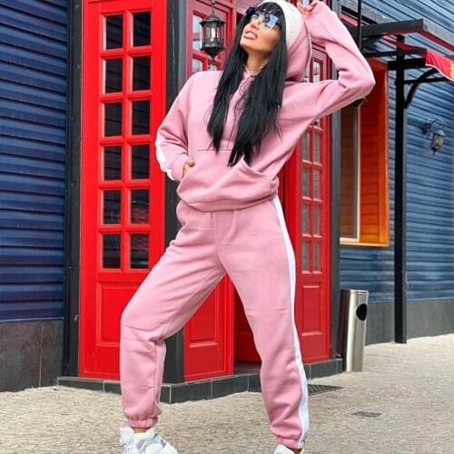 Casual Loose Womens Two Piece Set Tracksuit Autumn Winter Comfortable Fleece Hoodie Drop Shoulder Sleeve Sport Pants Suits 2020