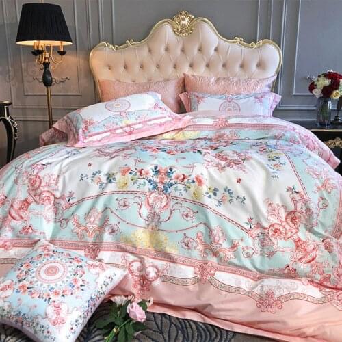 80S Egyptian Cotton Luxury Princess Bedding Set 4pcs King Queen Size Pastoral Bed Sheet Cover set Duvet cover Pillowcase pink