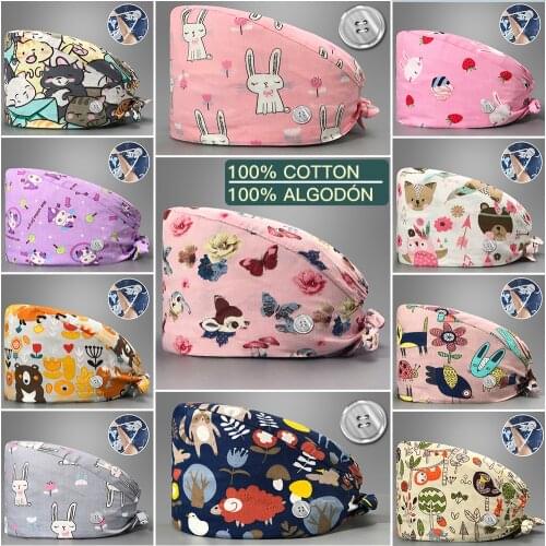 High Quality Squirrel Cartoon Print Hats Adjustable Scrub Hat Beauty Salon Work Cap Laboratory Pet Shop Fashion Scrub Caps New