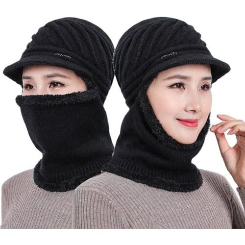 Middle-aged and Old Womens Hats Fall/winter Ear Protection Conjoined Wool Warm and Plush Rabbit Fur Hats Fashion Knitted Hats