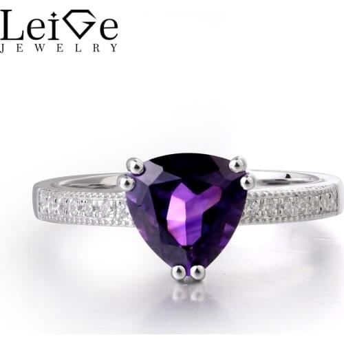 Leige Jewelry Natural Amethyst Gemstone 925 Sterling Silver February Birthstone Trillion Cut Engagement Rings For Woman