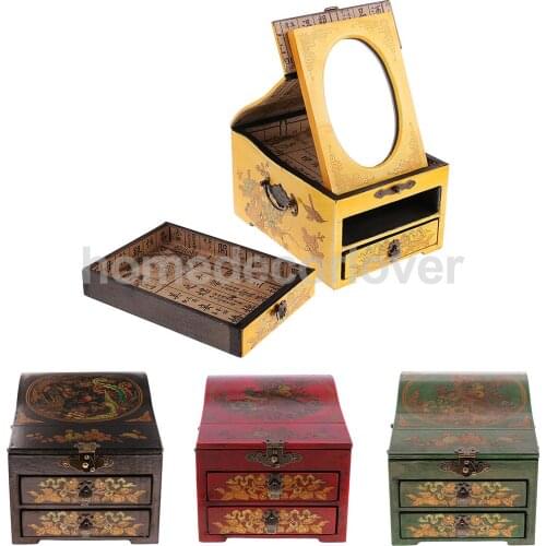 Vintage Wooden Dresser Retro Mirror Drawer Chest with Mirror for Jewelry Storage Case Box Makeup Cosmetic Sundries Container