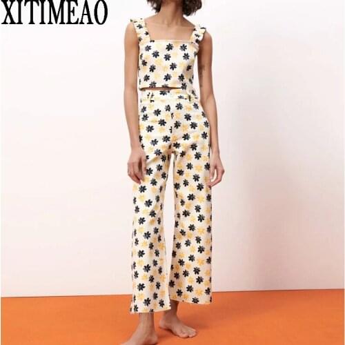 Za Women Retro Pastoral Style Printed Halter Short Top Vest And High Waist Straight Casual Pants Xitimeao