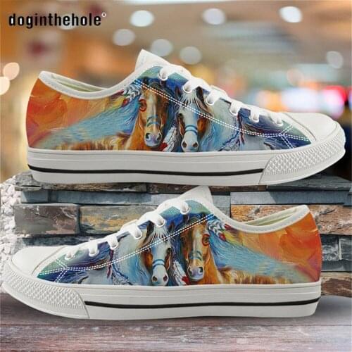 Doginthehole Painting Horses Printed Women Footwear Shoes Autumn Breathable Flats Shoes for Female Low Top Ladies Shoes calzado