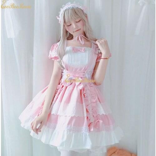 Adult Summer kawaii Lolita Dress Halloween Cosplay Costume Women Maid Sweet Lolita Pink Princess Dress Party clothes For Girls