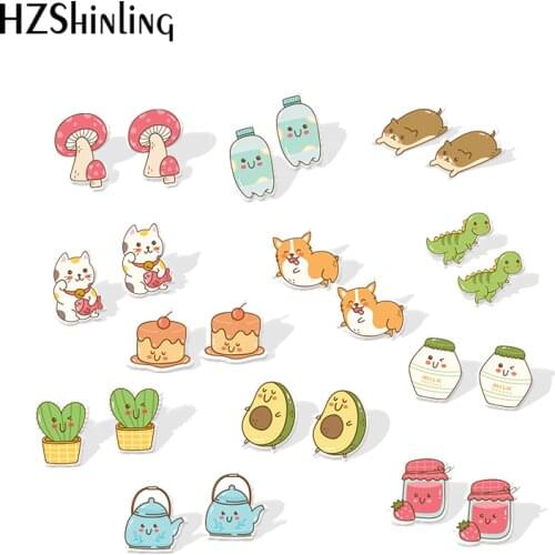 2019 New Kawaii Animals Acrylic Earring Sweetie Resin Earring Cat Dog Dinosaur Epoxy Earrings