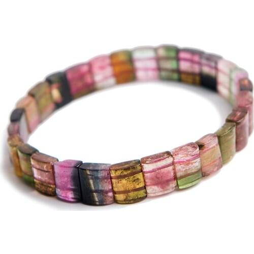 Genuine Colorful Natural Tourmaline Bracelet 8*4mm Woman Lady Stretch Healing Crystal Rectangle Beads Bracelet