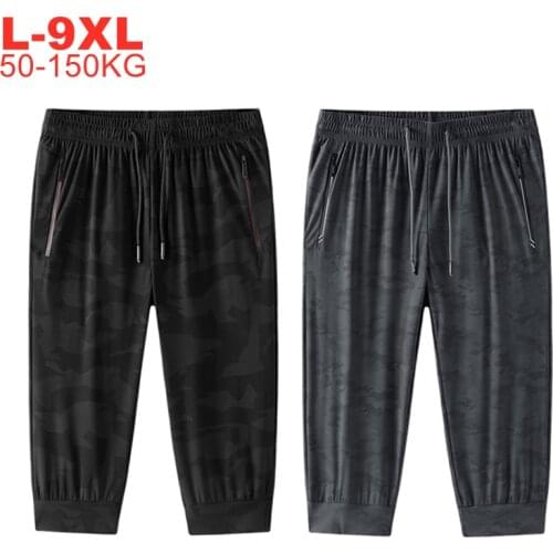 9xl Summer Thin Ice Silk Cropped Sports Trousers Mens Loose High-stretch Casual Pants Quick-drying Extra Large Size Men Joggers