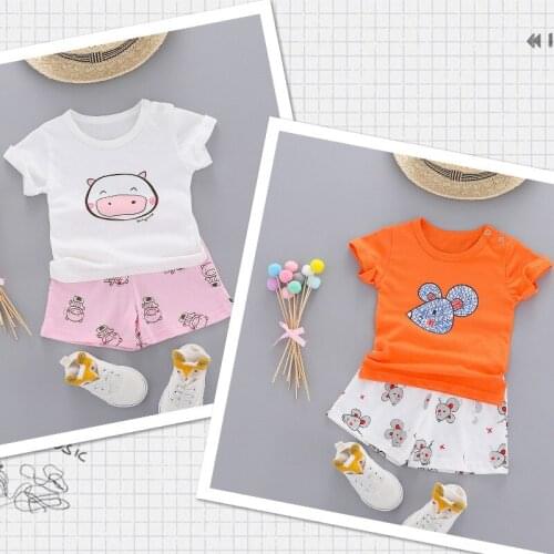 Baby cartoon pig Mickey suit children summer new short-sleeved T-shirt clothes open crotch two-piece clothing infant thin clothe