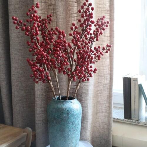 DIY Red Berries Plant Artificial Berries Branch Plastic Fake Flowers Leaf Decorative Berry for New Year Christmas Decoration