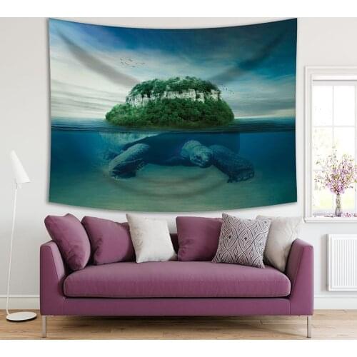 Tapestry Giant Turtle Carrying Island on Earth Back Swimming Under Water Ocean Ancient Mythology Art Blue Green