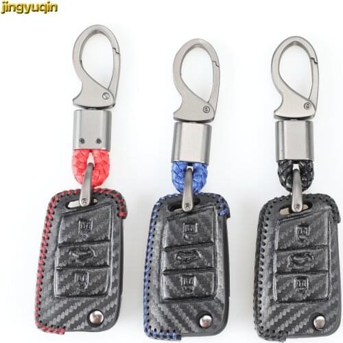 Jingyuqin Leather Carbon Remote Key Case For VW Polo Golf 7 Tiguan for Skoda Octavia Karoq for SEAT Ateca Leon Ibiza 2015-2019