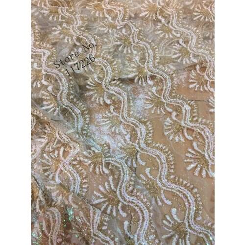 Jr -11209 glitter hand print mesh african india lace fabric for wedding /evening dress in white and gold color