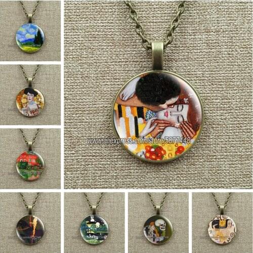 Van Gogh Art Oil Paintings Necklace Art Glass Cabochon Jewelry Starry Night Sky Sunflower Pendant Women Lover Girl Gifts
