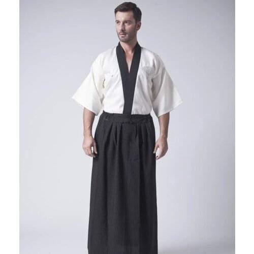 Classic Japanese Samurai Clothing Mens Warrior Kimono With Obi Traditional Satin Yukata Convention Costume One Size