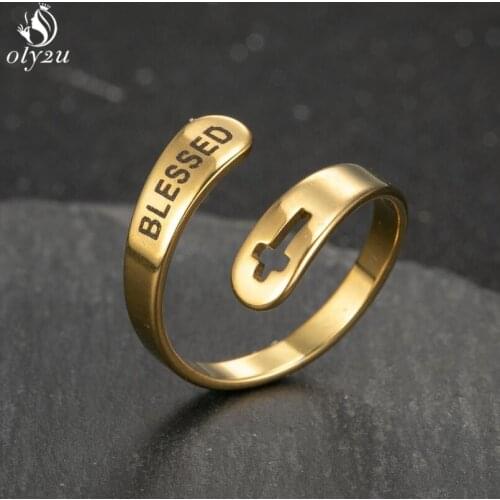 Vintage Gold Color Letter Blessed Rings for Teens Fashion Pray Faith Hope Love Open Adjustable Ring Family Jewelry for Women Men
