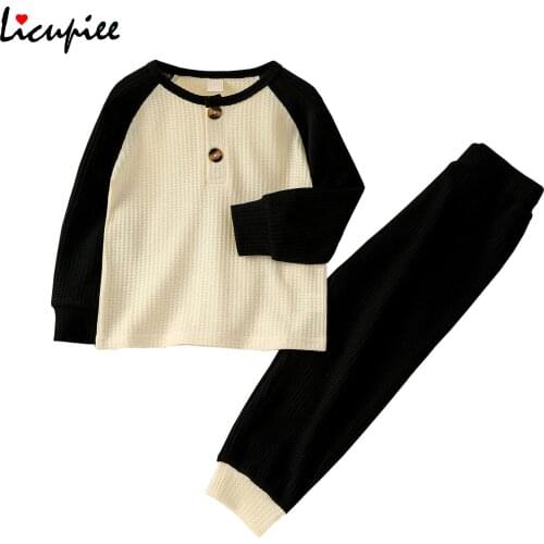1-6 Years Baby Clothes Sets Children Contrast Color Clothes Set, Long Sleeve O-neck T-shirt with Buttons+elastic Waist Trousers