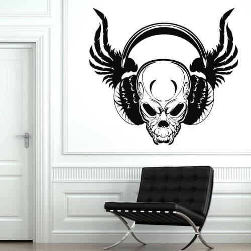 Cool Wall Decal Decor Bedroom Skull Wings Headphones Musical Vinyl Wall Stickers For Man Cave Fashion Scary Home Decoration W796
