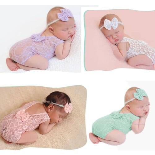 Newborn Baby Girl Boy Lace Floral Bodysuits+ Bow Headband Baby Photo Photography Props Costume Lace Stretch Baby Clothes Outfit