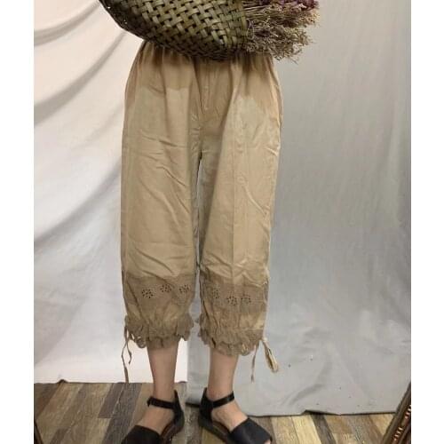 Literary Women Cotton linen Casual Pants Loose Hollow Lace Bloomers Women Cropped Trousers