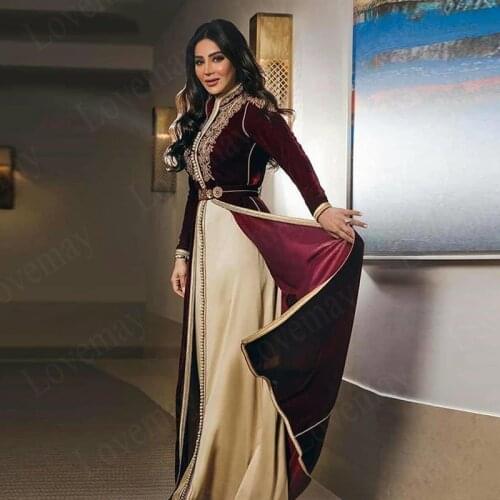 Moroccan Caftans Burgundy Formal Evening Dresses A-line Long Sleeve Muslim Evening Gowns Dubai Velour Vintage Party Dress
