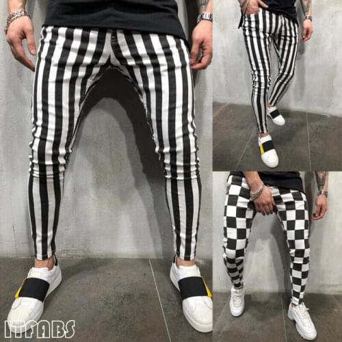 Mens Slim Pants Striped Plaid Comfort Tights Fitness Comfortable Stretchy Jogging Casual Pants Plaid Pants Pencil S-2XL