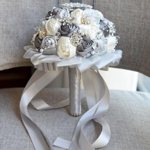 Newest grey + cream Wedding Bouquet Rose Bride Bouquet Artificial Flowers Bouquets Diamond Crystal Marriage