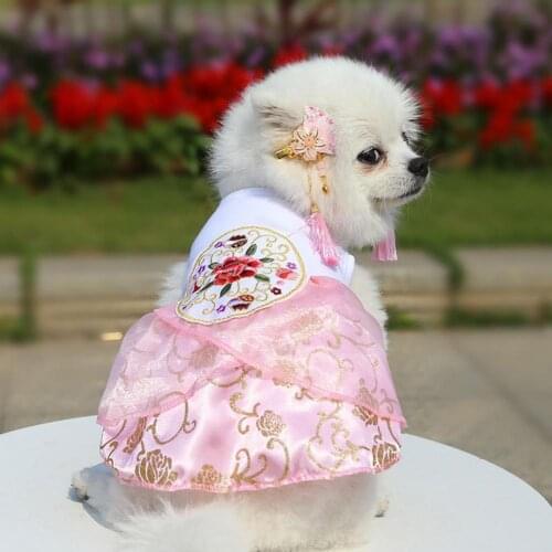 Dog Dress Embroidery Printing Round Neck Polyester Chinese Style Pet Skirt Party Summer Beautiful Puppy Dress