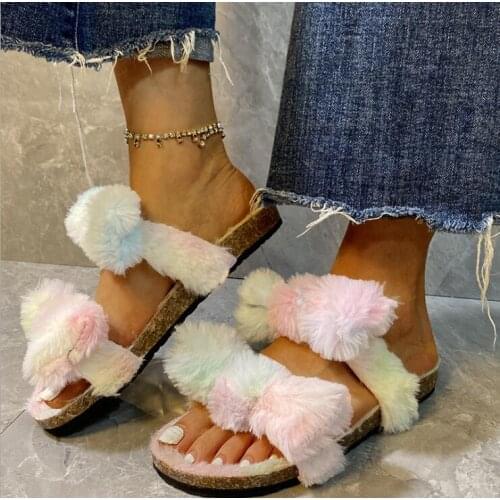 2020 flat home sandals Double-layer bowknot fox fur fashion one-line fur shoes plus size leopard print slippers