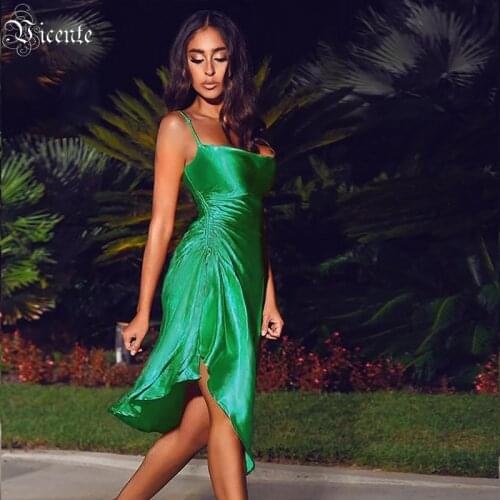 VC Womens Sling Dress Celebrity Party Dress Cocktail Party Green Ruffled V-neck Satin Satin Dress