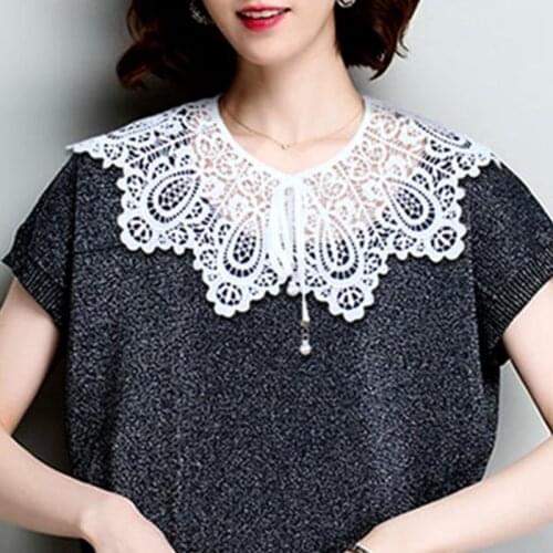 Palace Style Womens Doll False Collar Vintage Hollow Out Crochet Lace Half Shirt Necklace Shawl with Imitation Pearl Bowtie