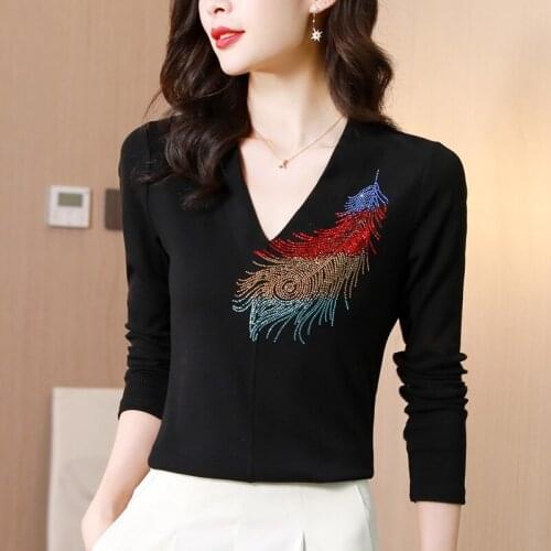 Knitting Woman Tshirts Autumn Feathers Long Sleeve Office Lady T Shirts Vintage Streetwear Shirts for Women Mujer Camisetas