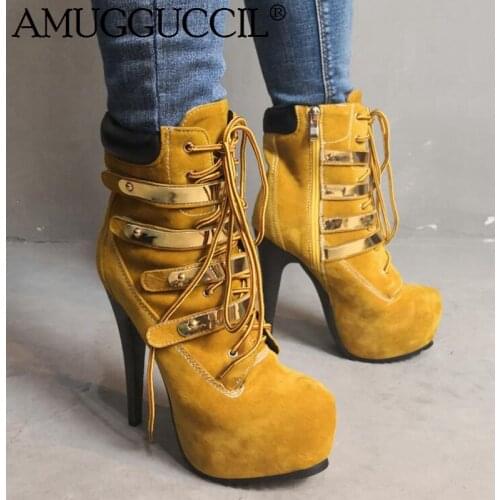 2020 New Plus Big Size 35-52 Yellow Lace Up Zip Fashion High Heel Platform Females Ladies Ankle Autumn Winter Women Boots X1905