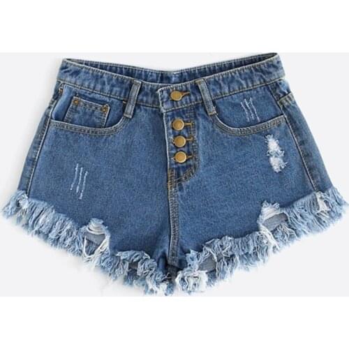 Blue Distressed Fray Hem Denim Shorts 2018 Spring New Ripped Hem Mid Waist Shorts Women Button Fly Denim Plain Shorts