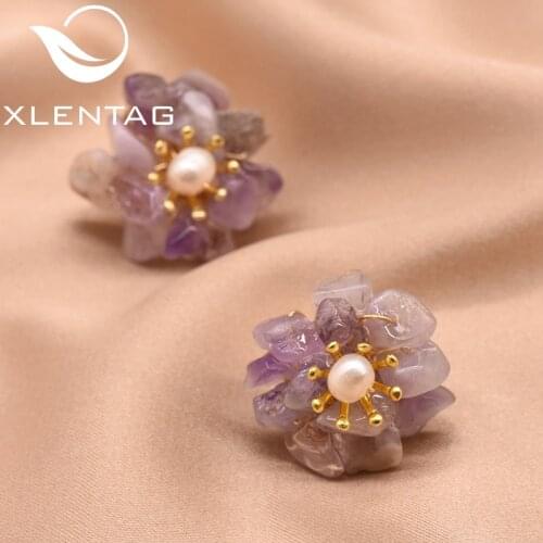 XlentAg Natural Amethyst Pearl Stud Earrings For Women Mom Birthday Day Gift 925 Sterling Silver Flower Earrings Jewelry GE0780H