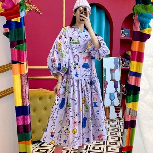 Korea Chic Playful Age-reducing Childlike Graffiti Print Round Neck Loose Lantern Sleeves Big Swing Doll Dress Female