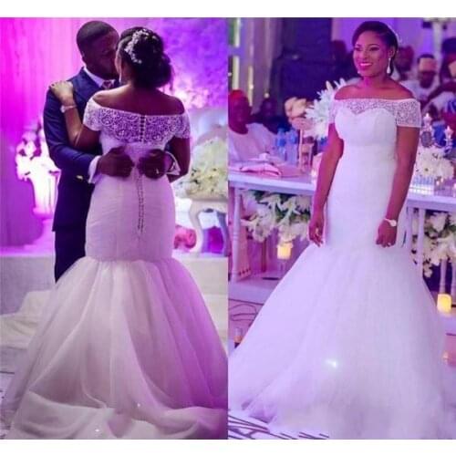 Plus Size Mermaid Wedding Dresses Off Shoulder Beaded Lace Top Trumpet African Floor Length Church Garden Bridal Gowns Wedding