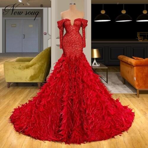 Formal Red Beading Evening Dresses For Dubai kaftans New Arrival Feathers Turkish Prom Dress Women Dress Robe De Soiree Arabic