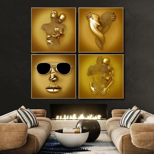 Golden Metal Figure Statue Abstract Poster Nordic Lover Sculpture Canvas Printed Wall Art Picture Home Decor Posters and Prints
