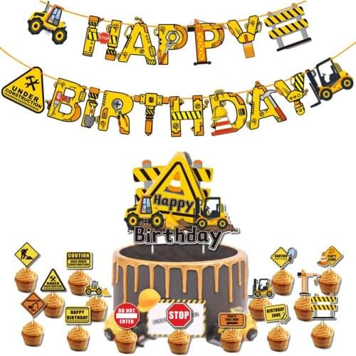 39PC Construction Truck Balloon Set Happy Birthday Party Decoration Banner Pull Flag Cake Insert Card Mining Bulldozer Balloon