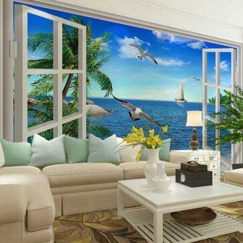 Beibehang Mediterranean seascape window seabirds papel de parede 3d photo mural wallpaper for living room wall papers home decor